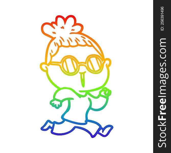 Rainbow Gradient Line Drawing Cartoon Running Woman Wearing Spectacles