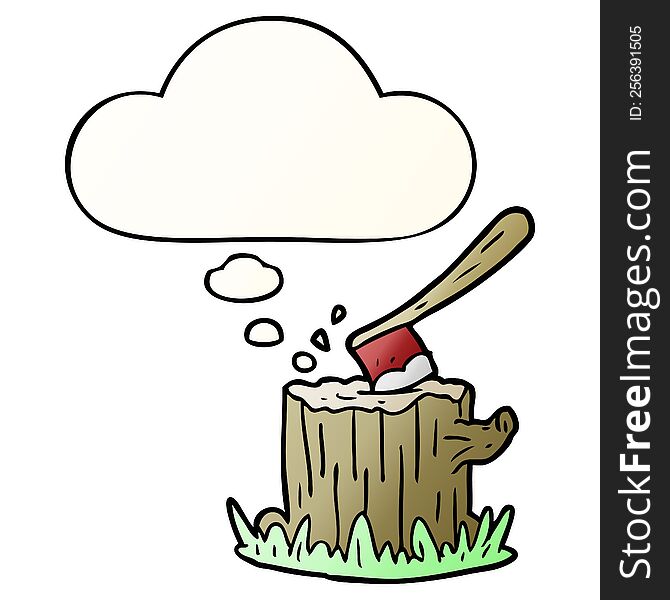 cartoon axe in tree stump with thought bubble in smooth gradient style