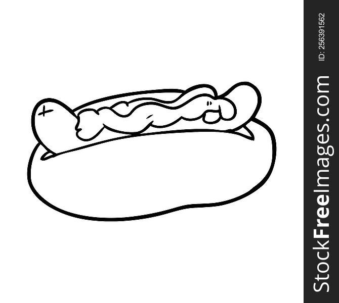 line drawing of a hotdog with mustard and ketchup. line drawing of a hotdog with mustard and ketchup