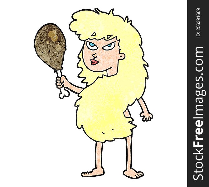 freehand textured cartoon cavewoman with meat
