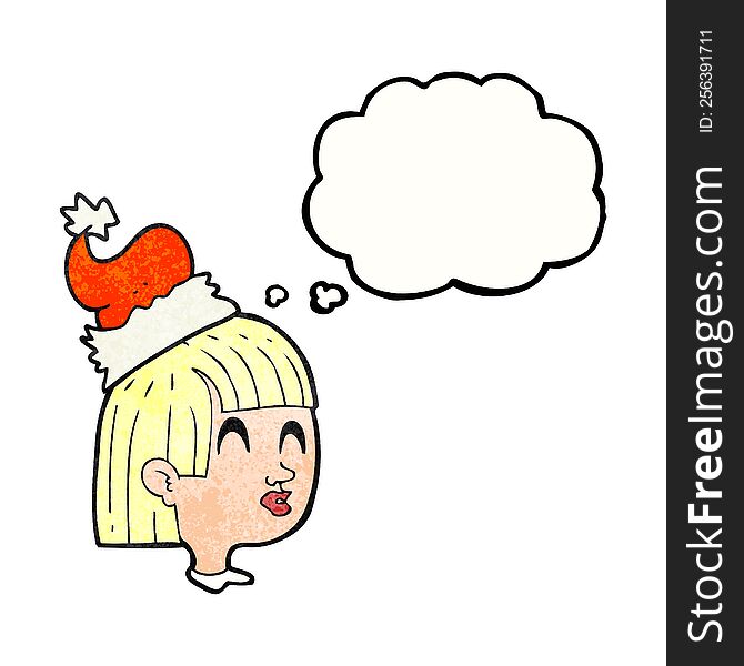 Thought Bubble Textured Cartoon Girl Wearing Santa Hat