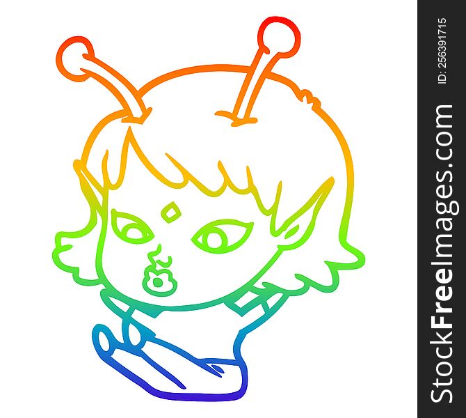 rainbow gradient line drawing of a pretty cartoon alien girl sitting