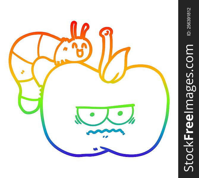 rainbow gradient line drawing of a cartoon grumpy apple and caterpillar