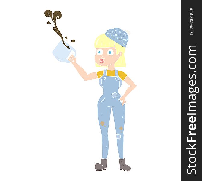 flat color illustration of female worker with coffee mug. flat color illustration of female worker with coffee mug