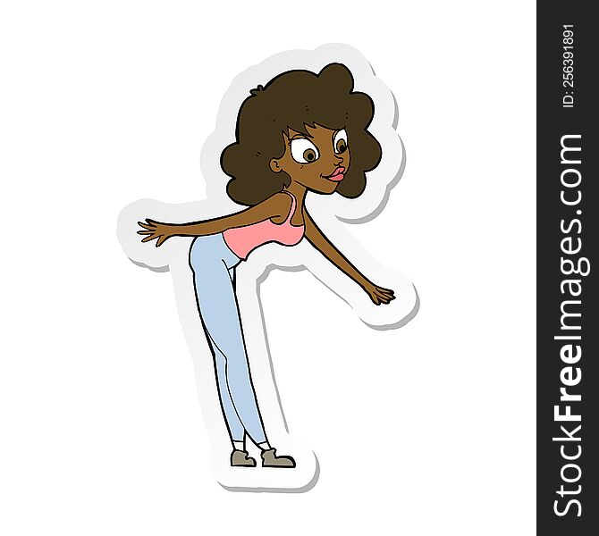 sticker of a cartoon woman reaching to pick something up