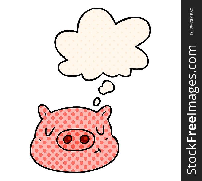 cartoon pig face with thought bubble in comic book style