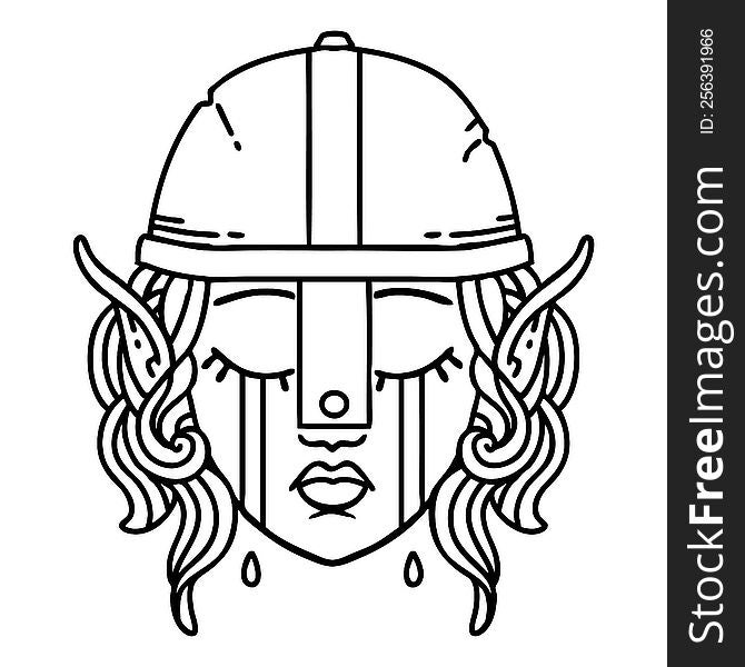 Black and White Tattoo linework Style crying elven fighter character face. Black and White Tattoo linework Style crying elven fighter character face