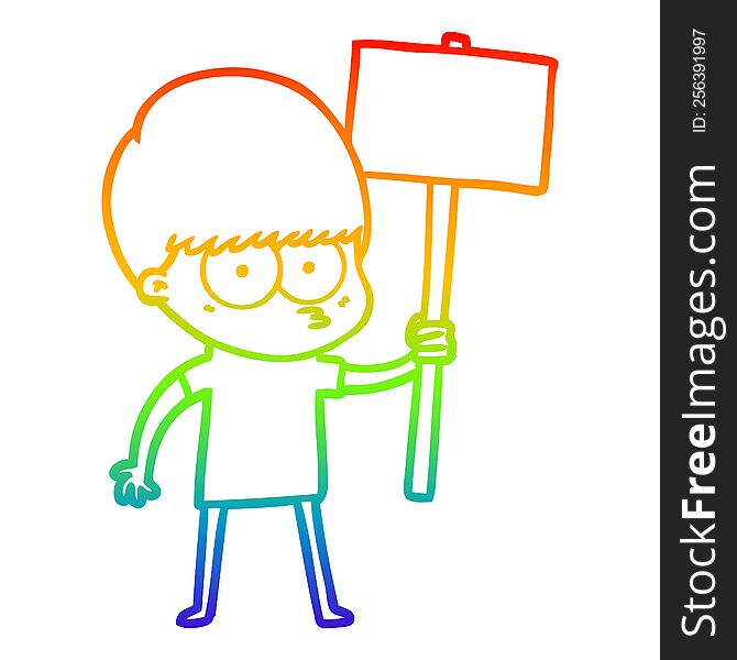 rainbow gradient line drawing of a nervous cartoon boy holding placard