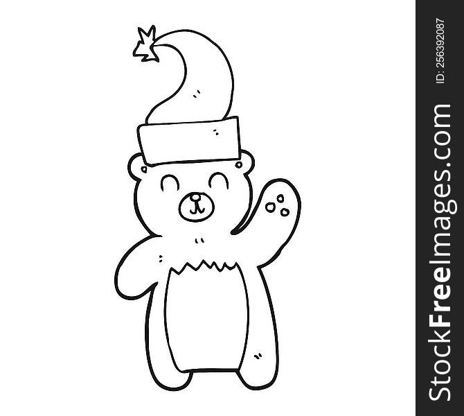 black and white cartoon teddy bear waving