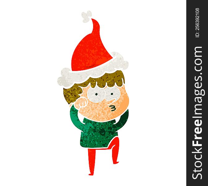 hand drawn retro cartoon of a curious boy rubbing eyes in disbelief wearing santa hat