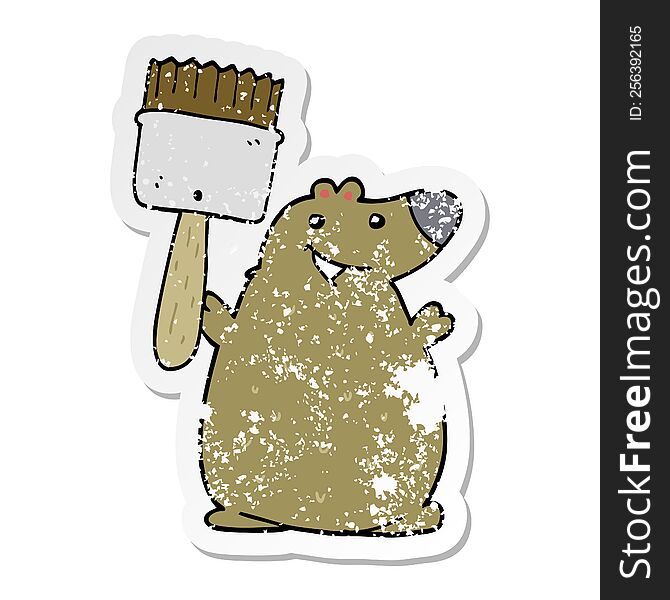 distressed sticker of a cartoon bear with paint brush