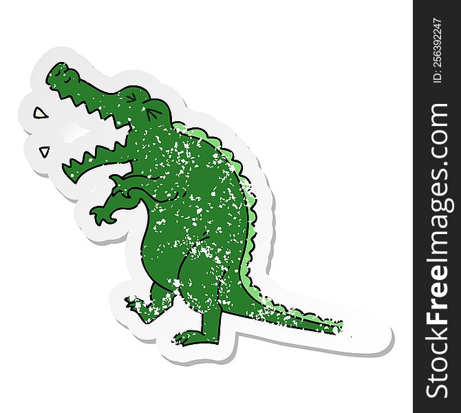distressed sticker of a quirky hand drawn cartoon crocodile