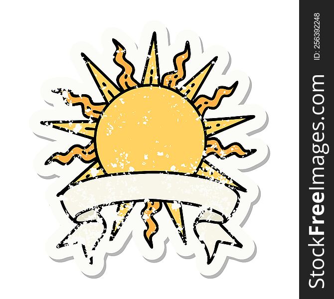 worn old sticker with banner of a sun. worn old sticker with banner of a sun