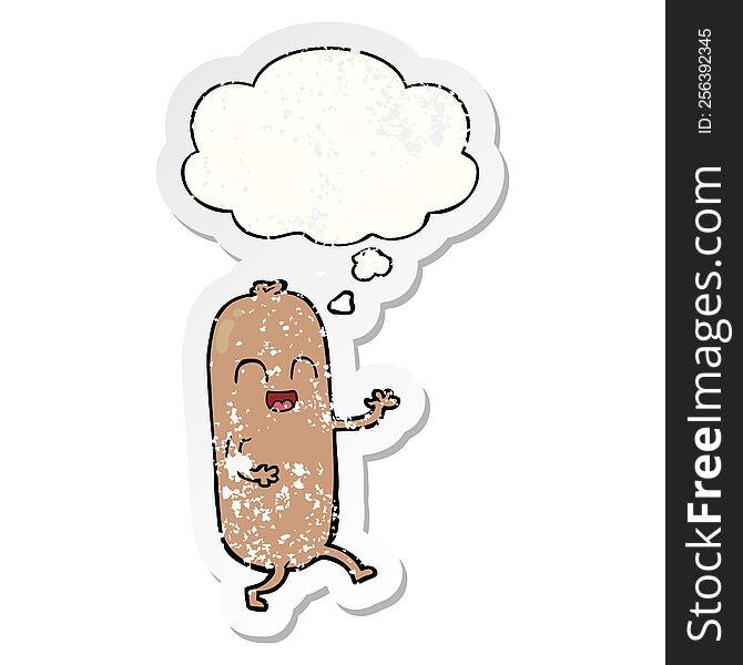 Cartoon Dancing Sausage And Thought Bubble As A Distressed Worn Sticker