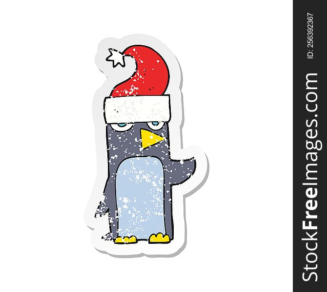 Retro Distressed Sticker Of A Cartoon Penguin In Christmas Hat