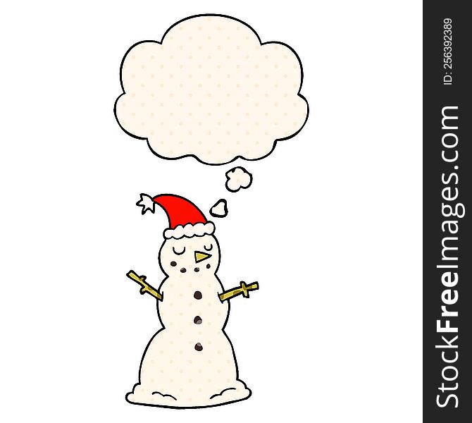 cartoon christmas snowman with thought bubble in comic book style