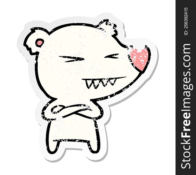 Distressed Sticker Of A Angry Polar Bear Cartoon With Folded Arms