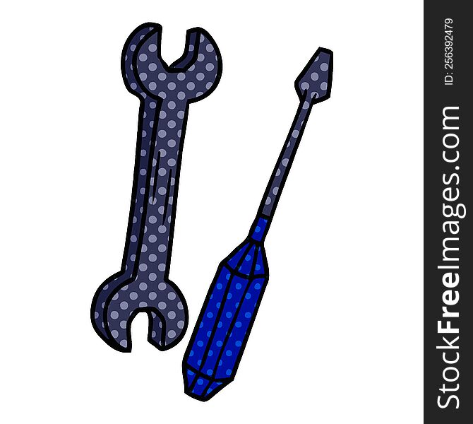 hand drawn cartoon doodle of a spanner and a screwdriver