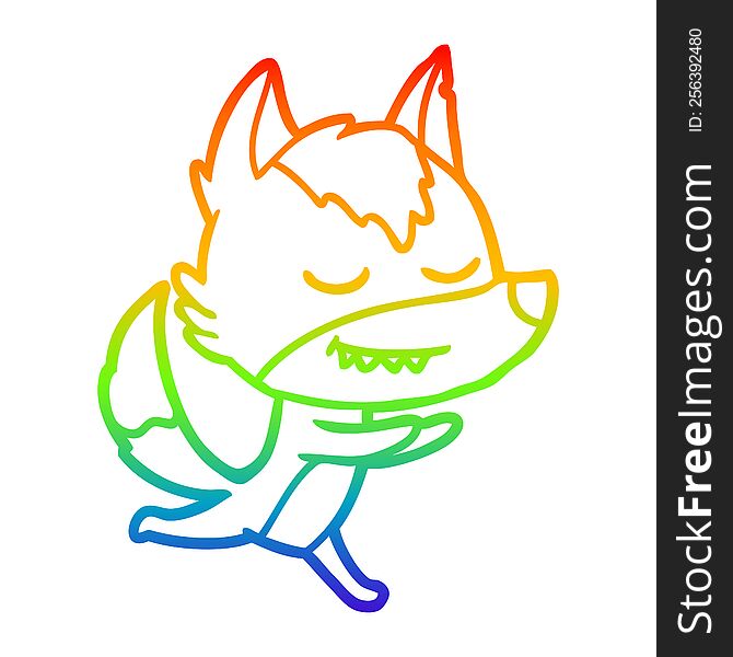 rainbow gradient line drawing of a friendly cartoon wolf running