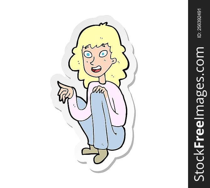 Sticker Of A Cartoon Happy Woman Sitting And Pointing