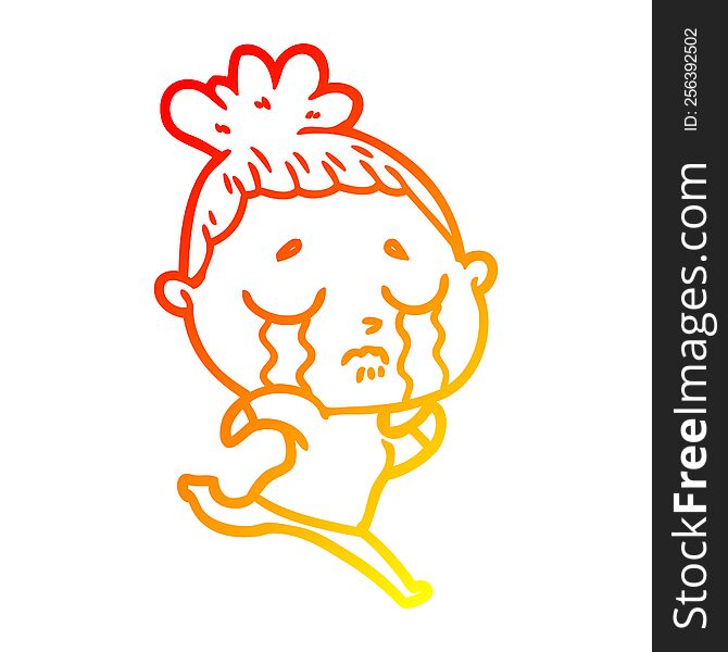 warm gradient line drawing of a cartoon crying woman running away