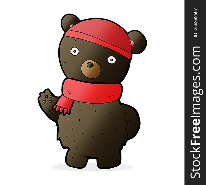 Cartoon Black Bear In Winter Hat And Scarf