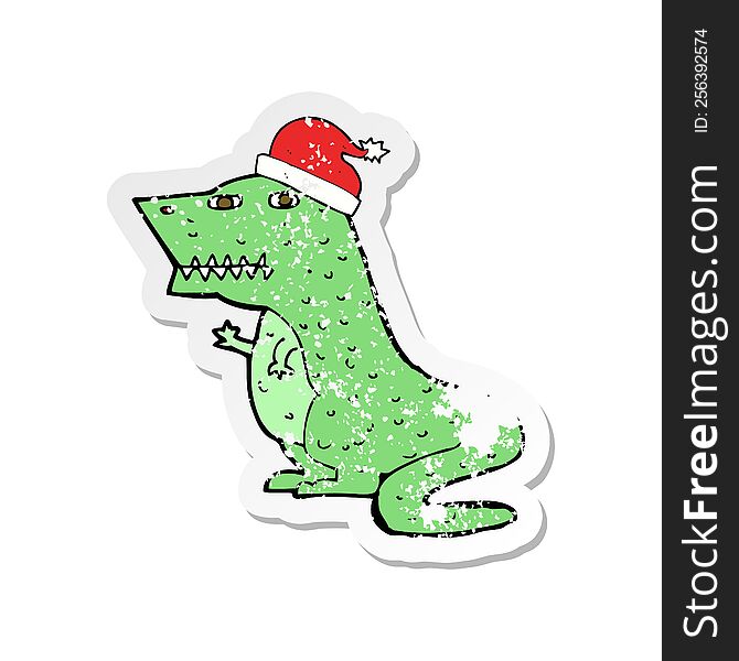 Retro Distressed Sticker Of A Cartoon Dinosaur In Christmas Hat