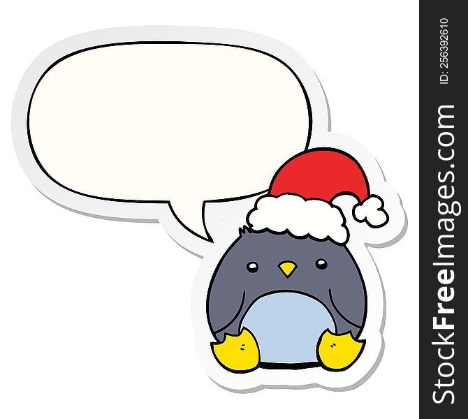 Cute Cartoon Penguin Wearing Christmas Hat And Speech Bubble Sticker