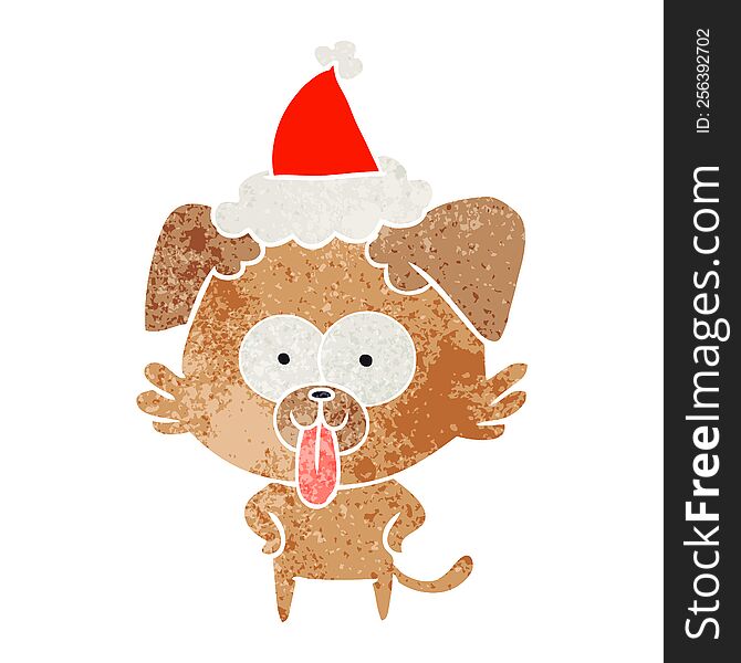 hand drawn retro cartoon of a dog with tongue sticking out wearing santa hat