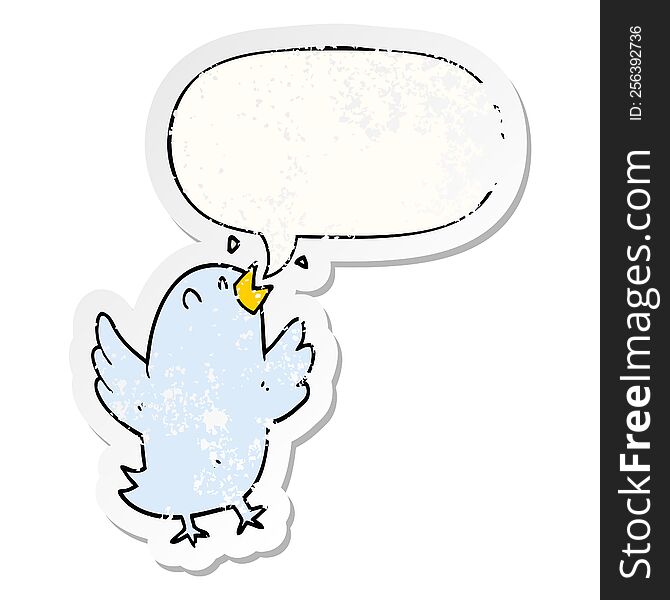 cartoon bird singing with speech bubble distressed distressed old sticker. cartoon bird singing with speech bubble distressed distressed old sticker