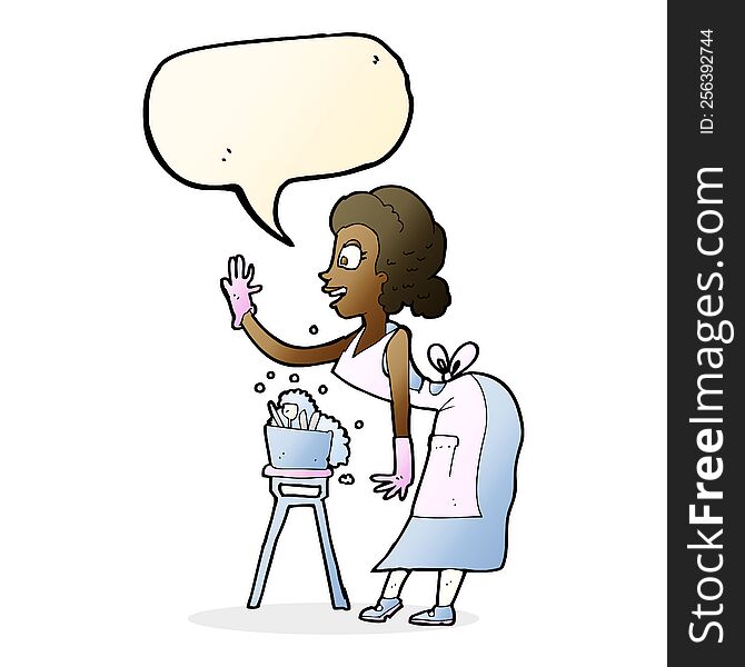 Cartoon Housewife Washing Up With Speech Bubble