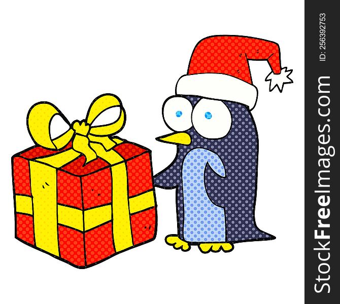 Comic Book Style Cartoon Christmas Penguin With Present