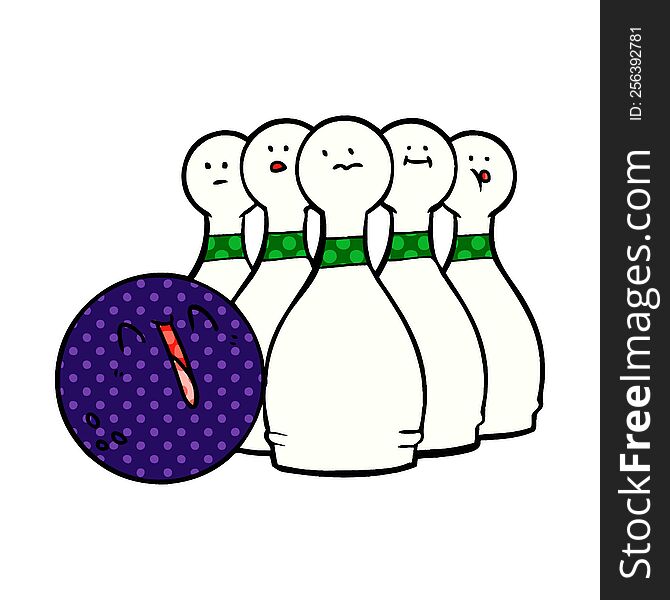 cartoon laughing bowling ball and pins. cartoon laughing bowling ball and pins