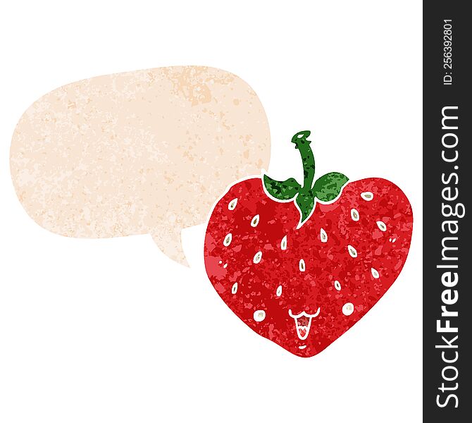 cartoon strawberry with speech bubble in grunge distressed retro textured style. cartoon strawberry with speech bubble in grunge distressed retro textured style