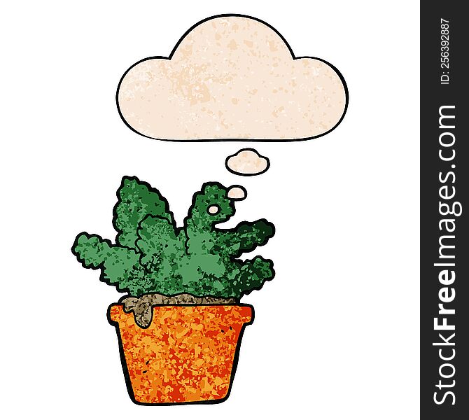 Cartoon House Plant And Thought Bubble In Grunge Texture Pattern Style