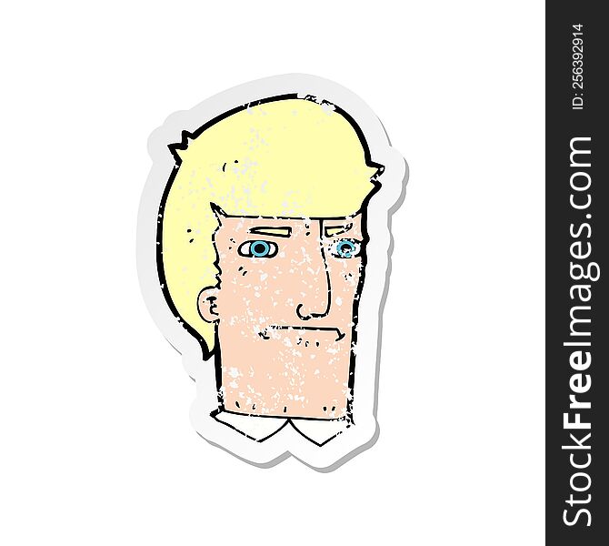 retro distressed sticker of a cartoon man narrowing eyes
