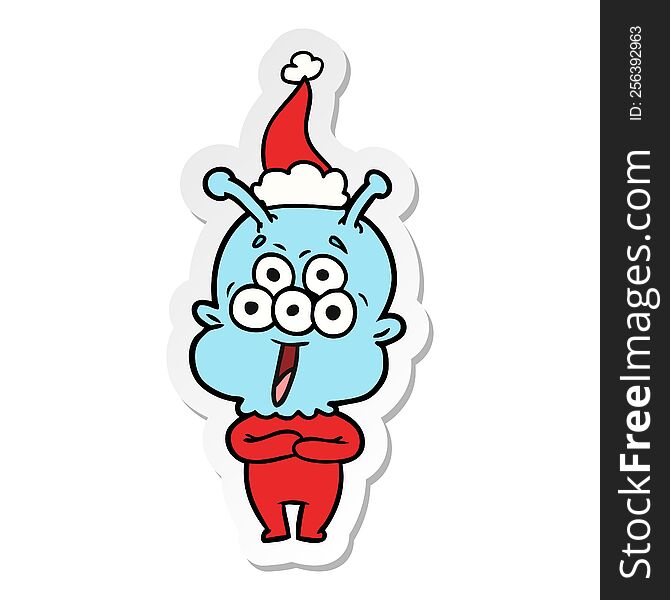 Happy Sticker Cartoon Of A Alien Wearing Santa Hat