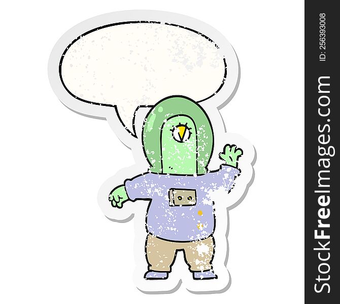 Cartoon Space Alien And Speech Bubble Distressed Sticker
