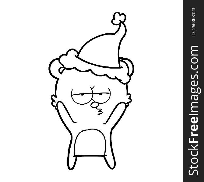 bored bear hand drawn line drawing of a wearing santa hat. bored bear hand drawn line drawing of a wearing santa hat