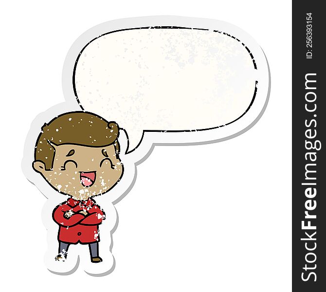 Cartoon Laughing Man And Speech Bubble Distressed Sticker