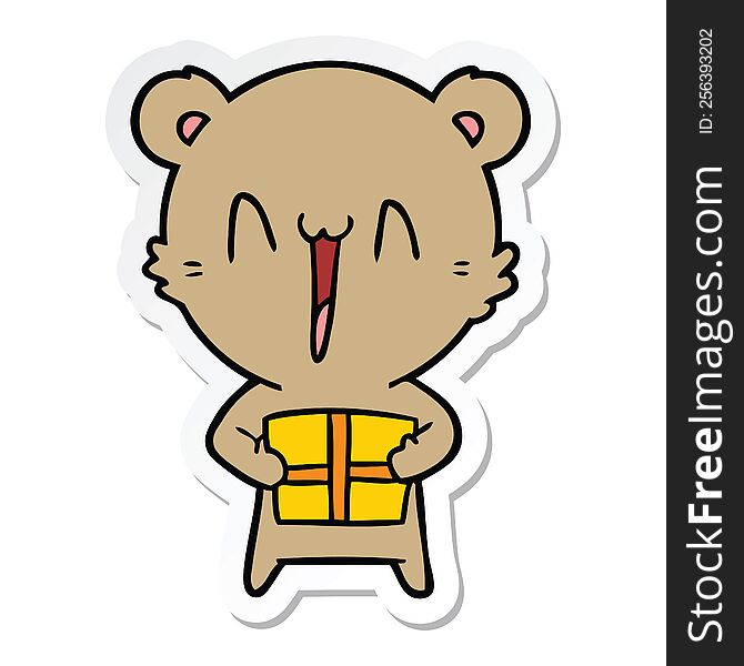 Sticker Of A Happy Bear With Gift Cartoon