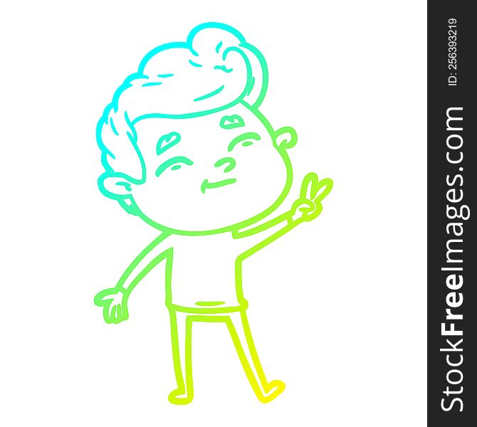 cold gradient line drawing of a happy cartoon man giving a peace sign
