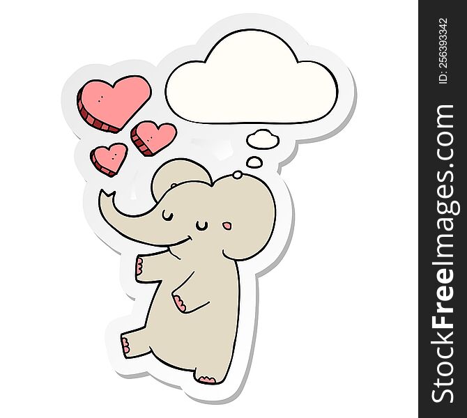 cartoon elephant with love hearts with thought bubble as a printed sticker