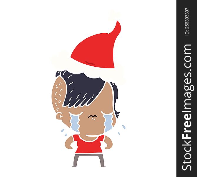 hand drawn flat color illustration of a crying girl wearing santa hat