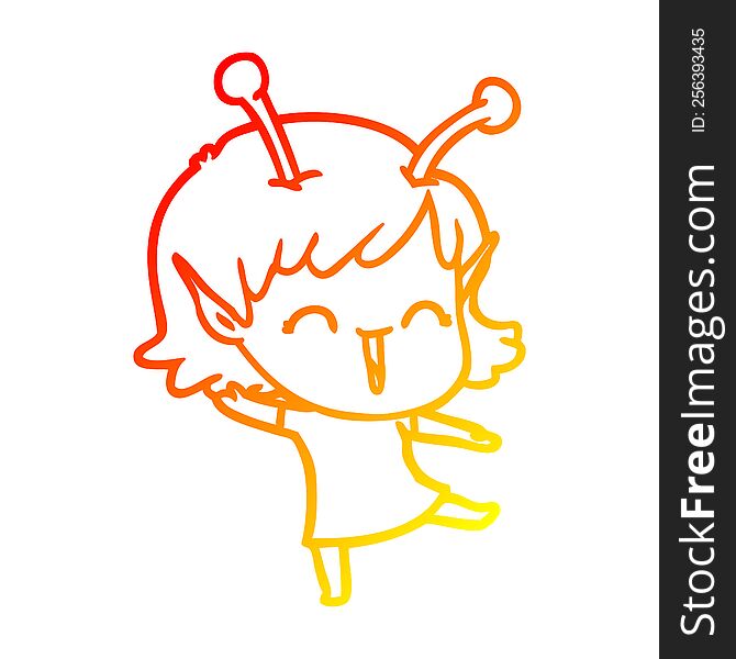 warm gradient line drawing of a cartoon alien girl laughing