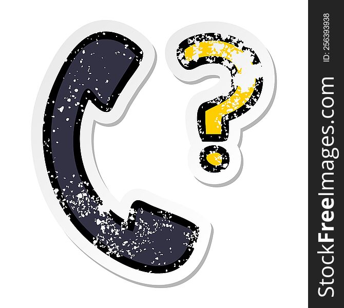 distressed sticker of a cute cartoon telephone receiver with question mark