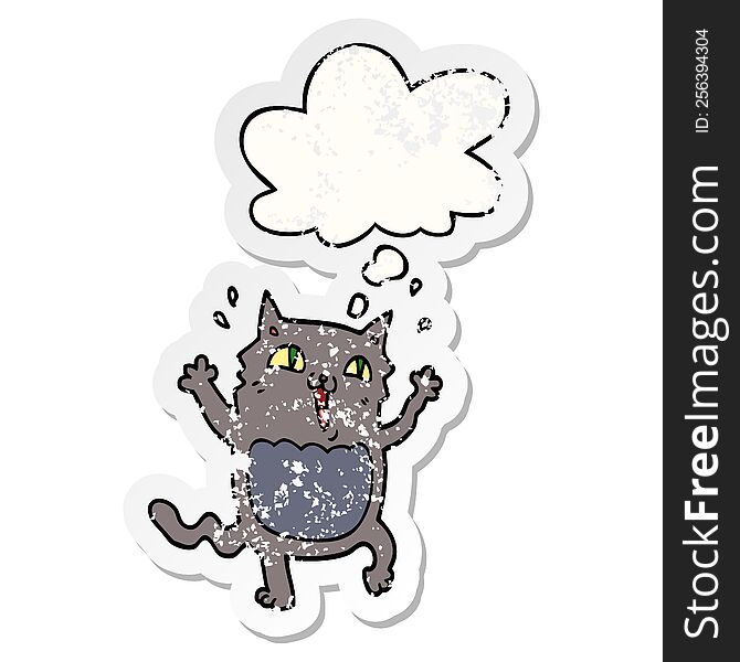 Cartoon Crazy Excited Cat And Thought Bubble As A Distressed Worn Sticker
