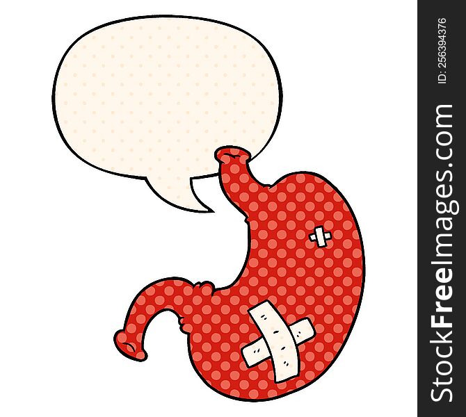 cartoon stomach with speech bubble in comic book style