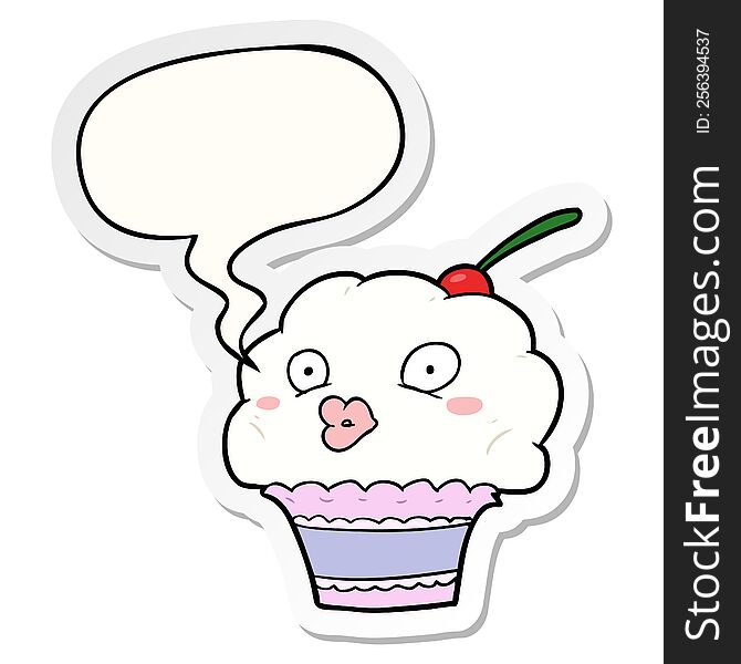 Funny Cartoon Cupcake And Speech Bubble Sticker