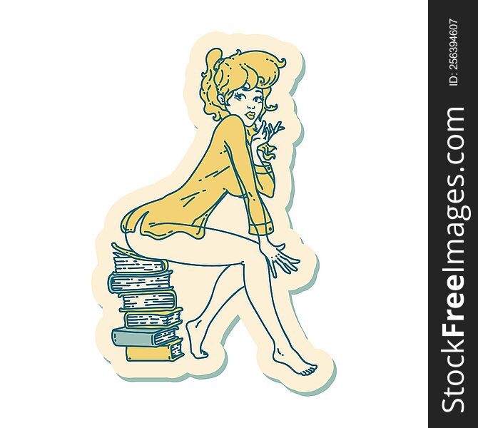 sticker of tattoo in traditional style of a pinup girl sitting on books. sticker of tattoo in traditional style of a pinup girl sitting on books